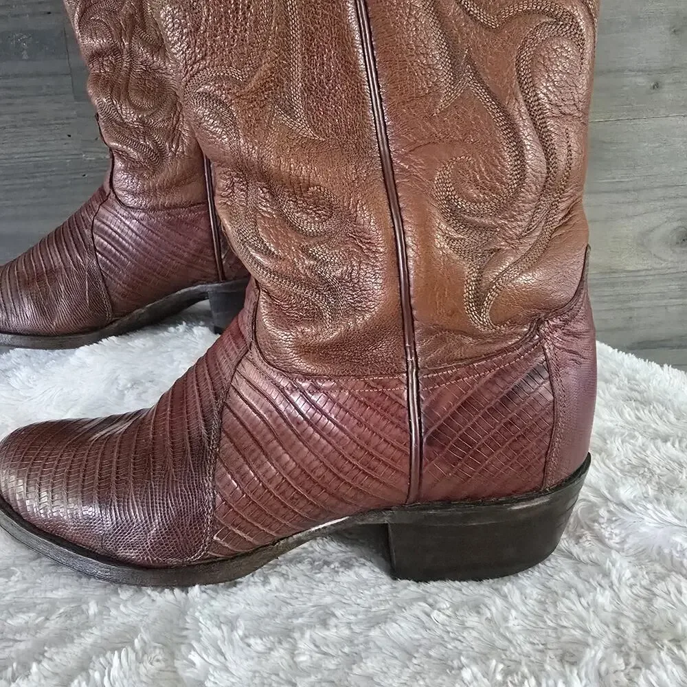 Vintage Tony Lama Brown Stitched Teju Lizard Leather Western Boots MENS SIZE 9